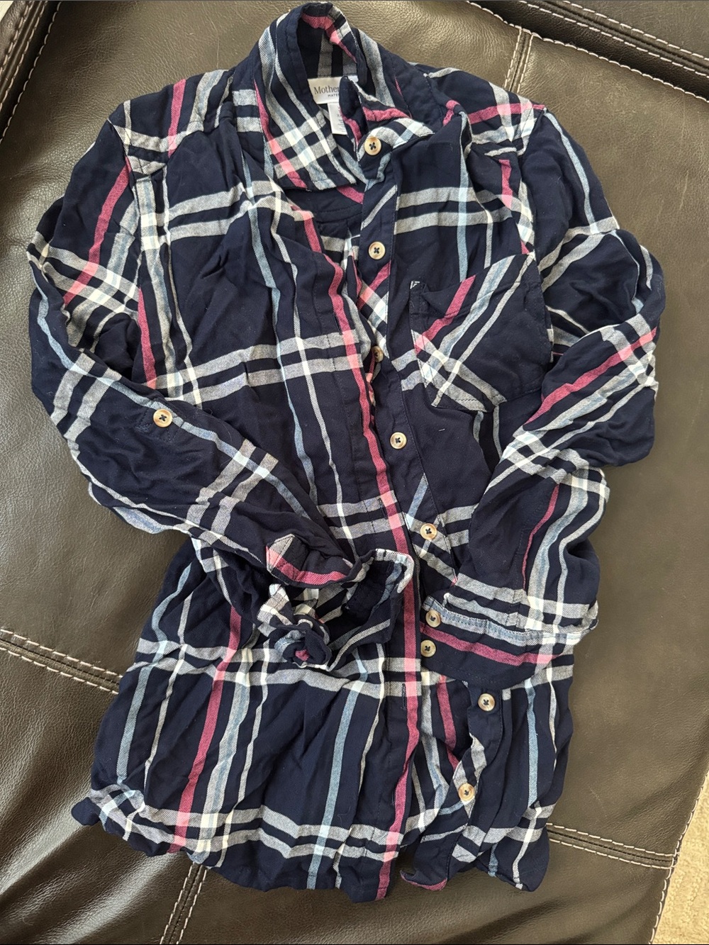 Motherhood Navy Plaid Maternity Shirt with Pink & White Stripes